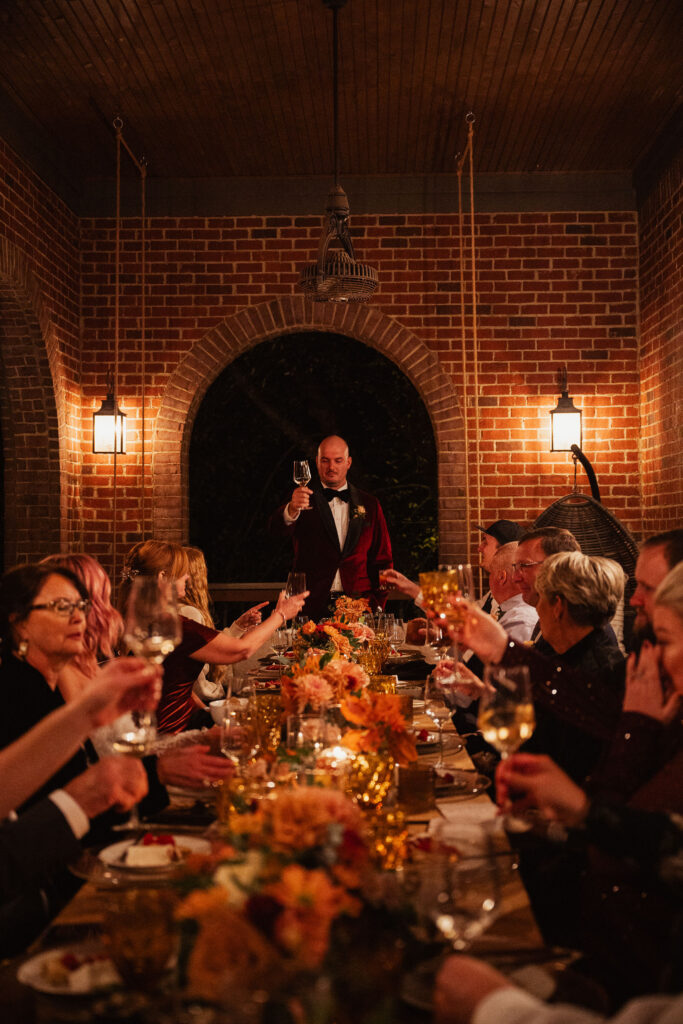 Couple celebrates their wedding ceremony with close family and friends.